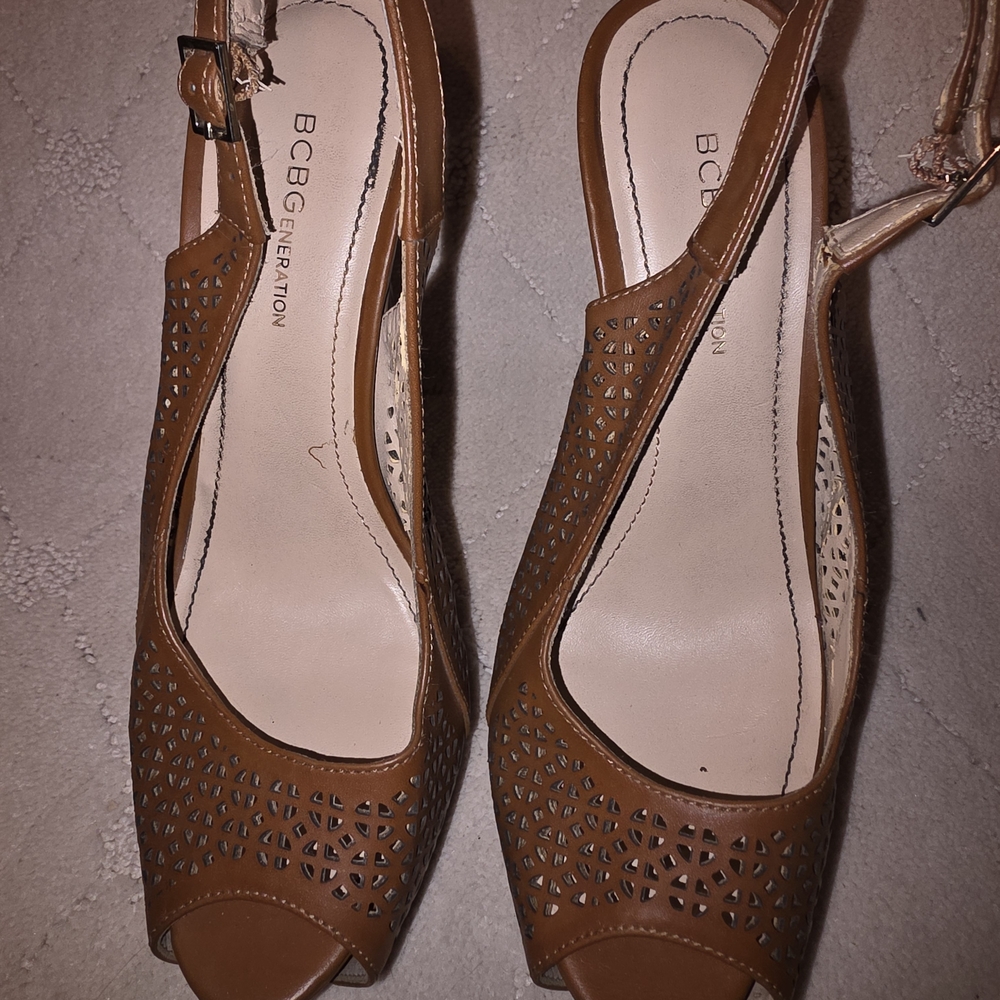 BCBGeneration Tan Peep-Toe Heels